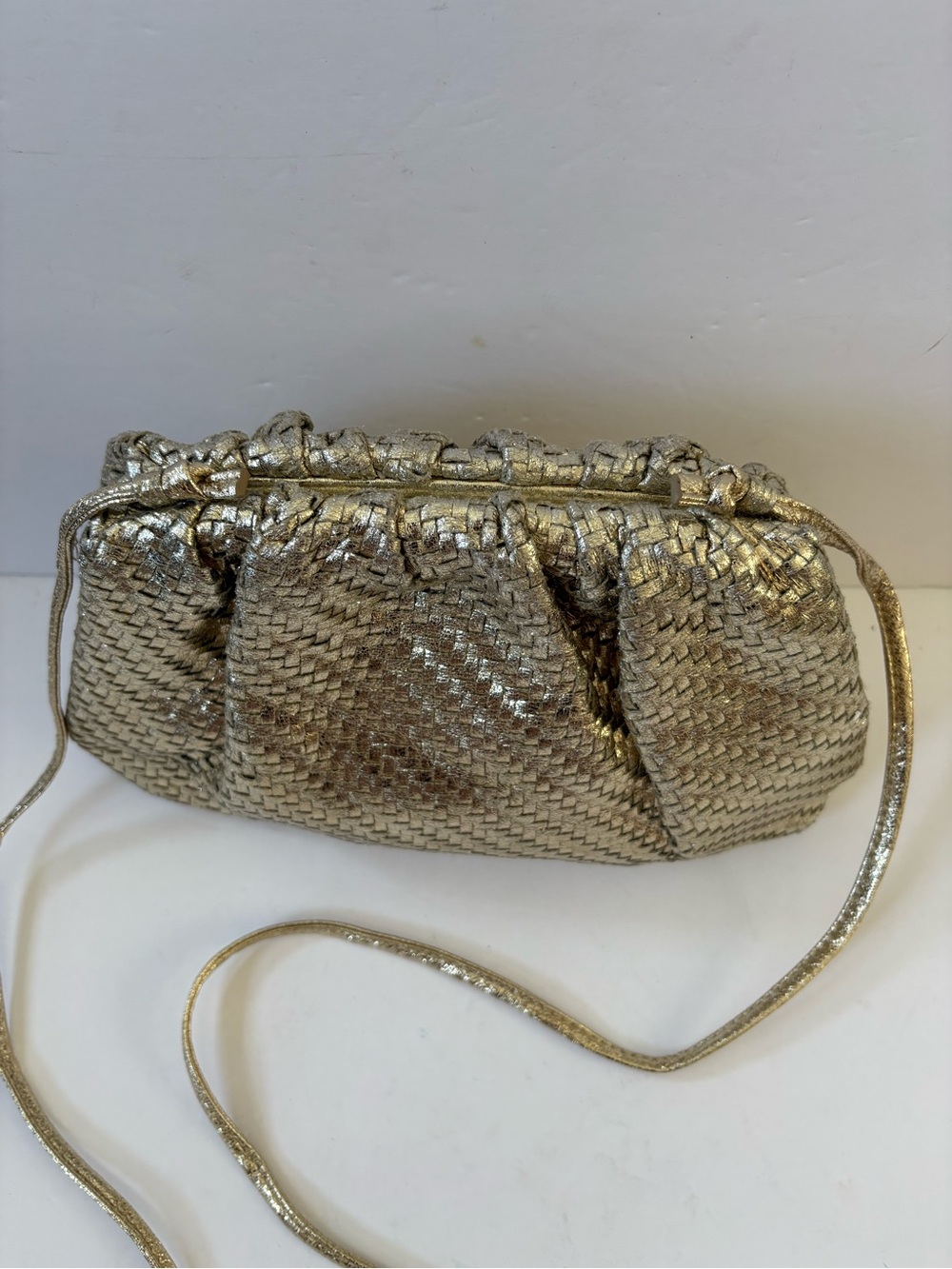 Anthropologie Frankie Clutch Bag Gold Preppy Party Guest Woven Slouchy Dumpling - Picture 4 of 11